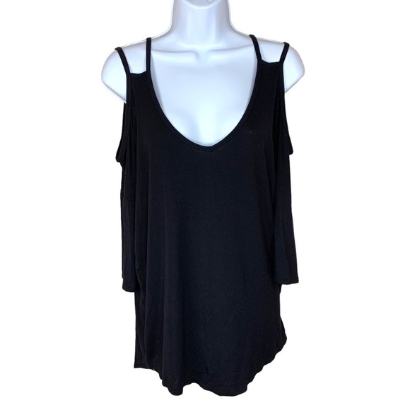 Express 111 Black V Neck Short Sleeve Oversized Top Cut Out Sleeve Stretch - Picture 1 of 8